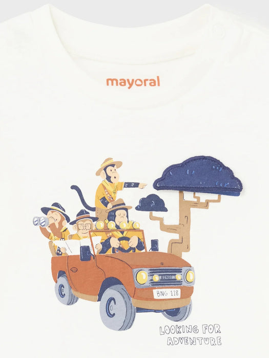 Closer look at the Mayoral white 'Adventure' t-shirt.