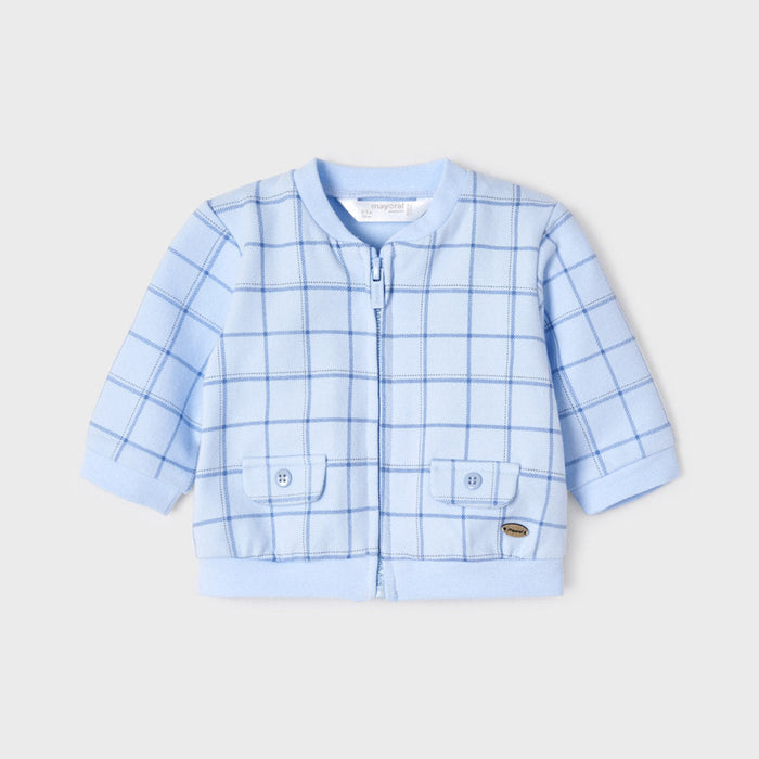 Mayoral sky blue zip up top with windowpane check pattern.