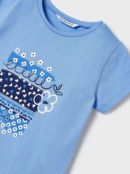 Mayoral blue t-shirt with hearts and flowers print.