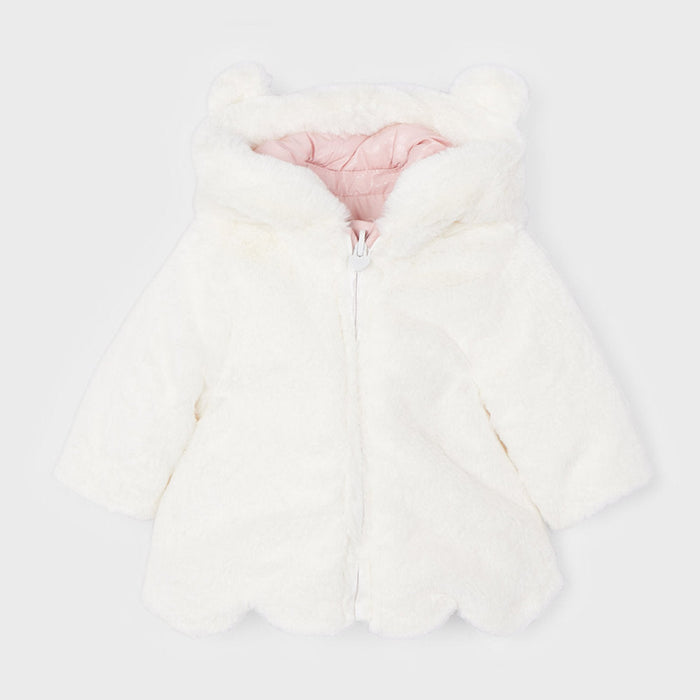 White faux fur side of the Mayoral reversible coat.