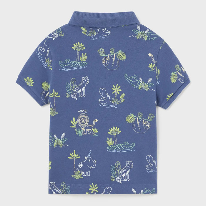 Back of the Mayoral blue safari print polo shirt.