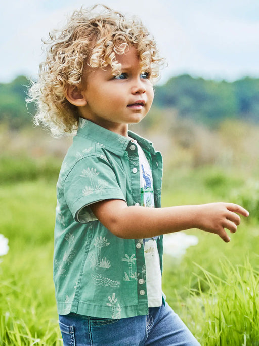 Baby boy wearing the Mayoral safari print shirt.