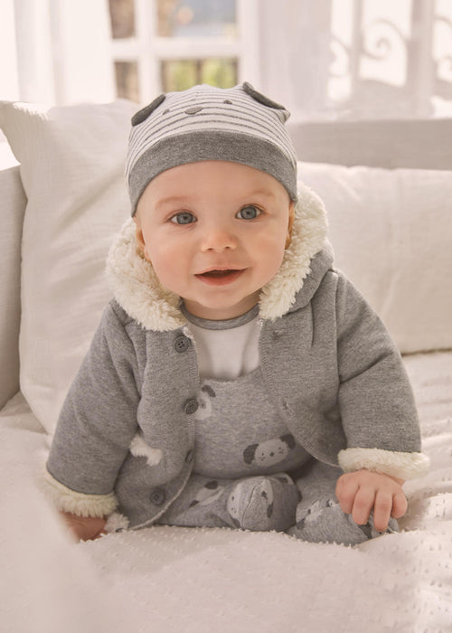 Baby boy wearing the Mayoral Faux Fur Lined Coat Grey.