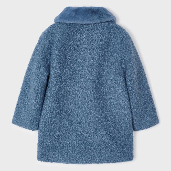 Rear view of the Mayoral blue shearling coat.
