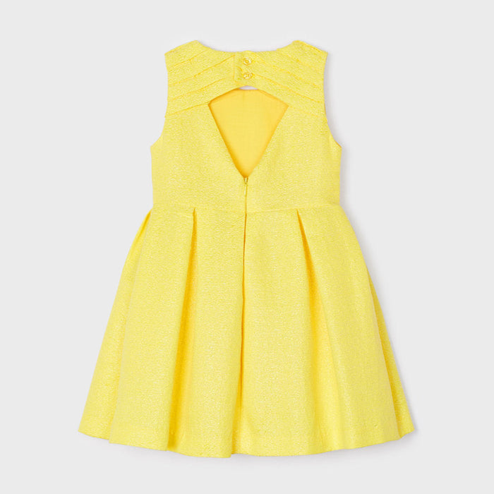 Reverse view of the Mayoral sunny yellow sleeveless dress.