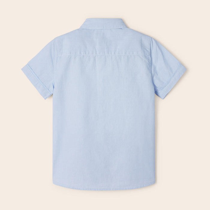 Reverse view of the Mayoral blue short sleeve shirt.