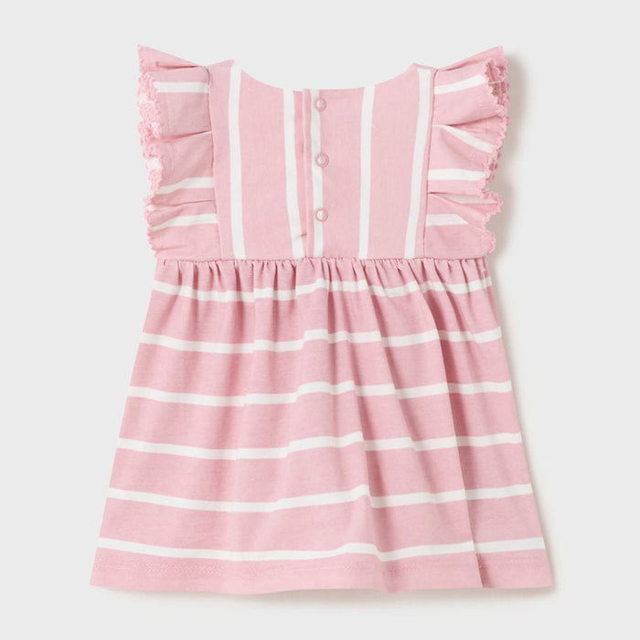 Reverse view of the Mayoral blush pink striped dress.