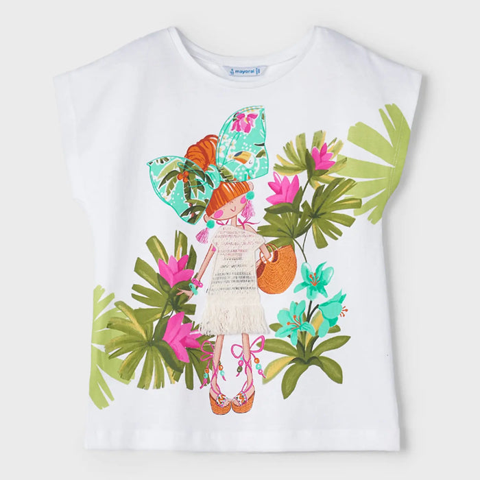 Girl's white t-shirt with tropical girl print.