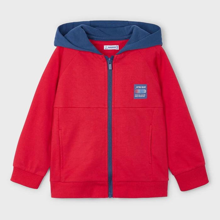 Mayoral boy's bright red, zip up hoodie.