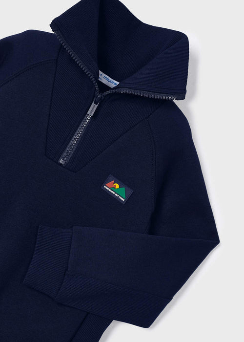 Closer look at the Mayoral navy 3/4 zip sweatshirt.
