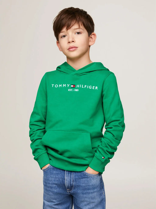 Boy wearing the Tommy Hilfiger essential hoodie.
