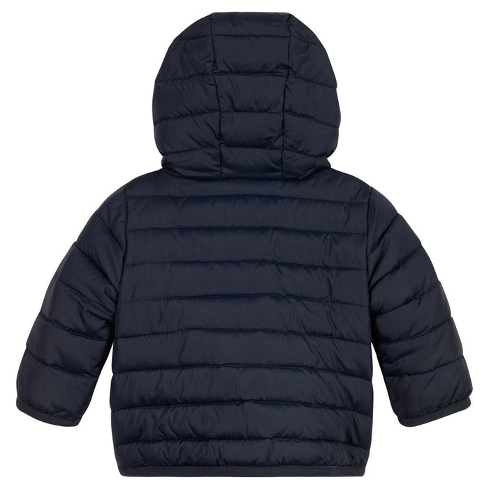 Back of the Tommy Hilfiger navy monotype puffer jacket.