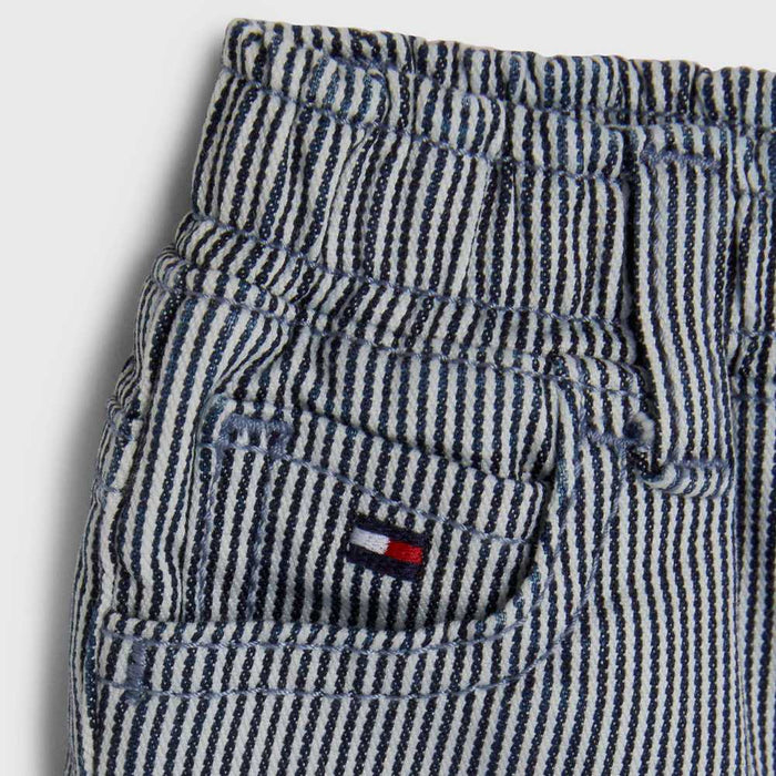 Closer look at the Tommy Hilfiger navy pinstripe shorts.