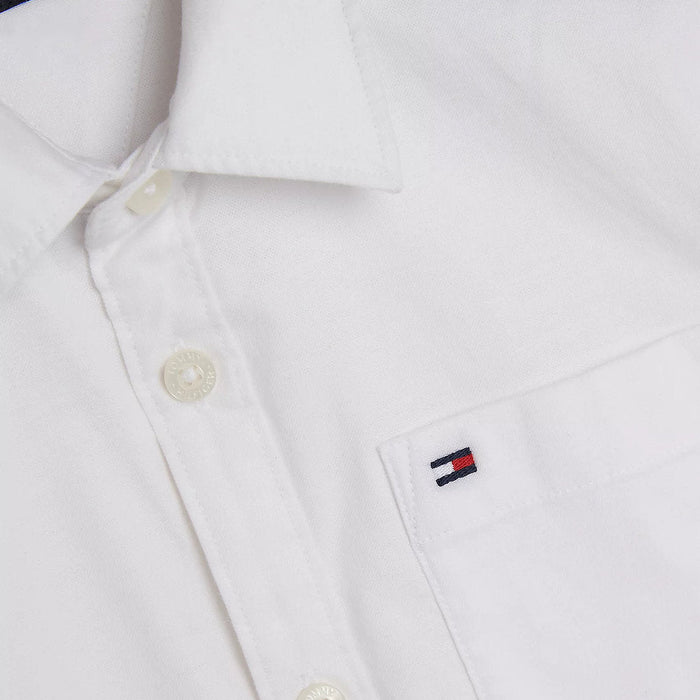Closer view of the Tommy Hilfiger short sleeve white oxford shirt.