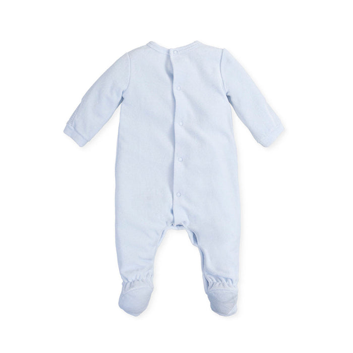 Reverse view of the Blue Tutto Piccolo Medallion Babygrow.