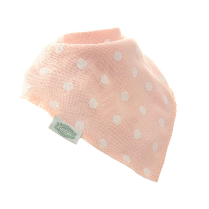 Ziggle peach bandana bib with white dots.